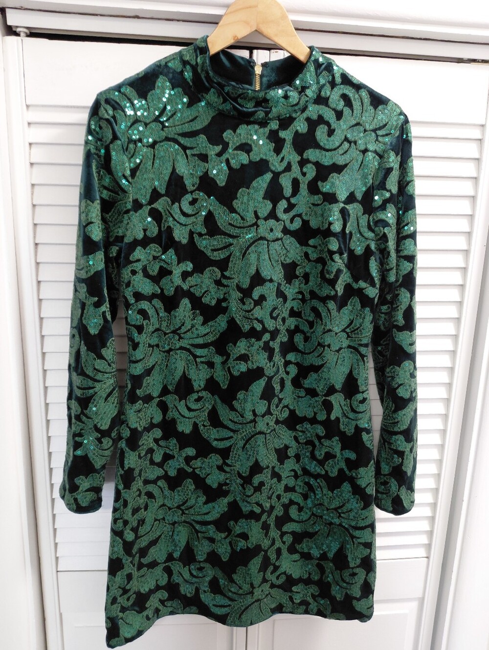 VENUS Emerald Green Velvet Floral Sequin Long Sleeve Mini Dress